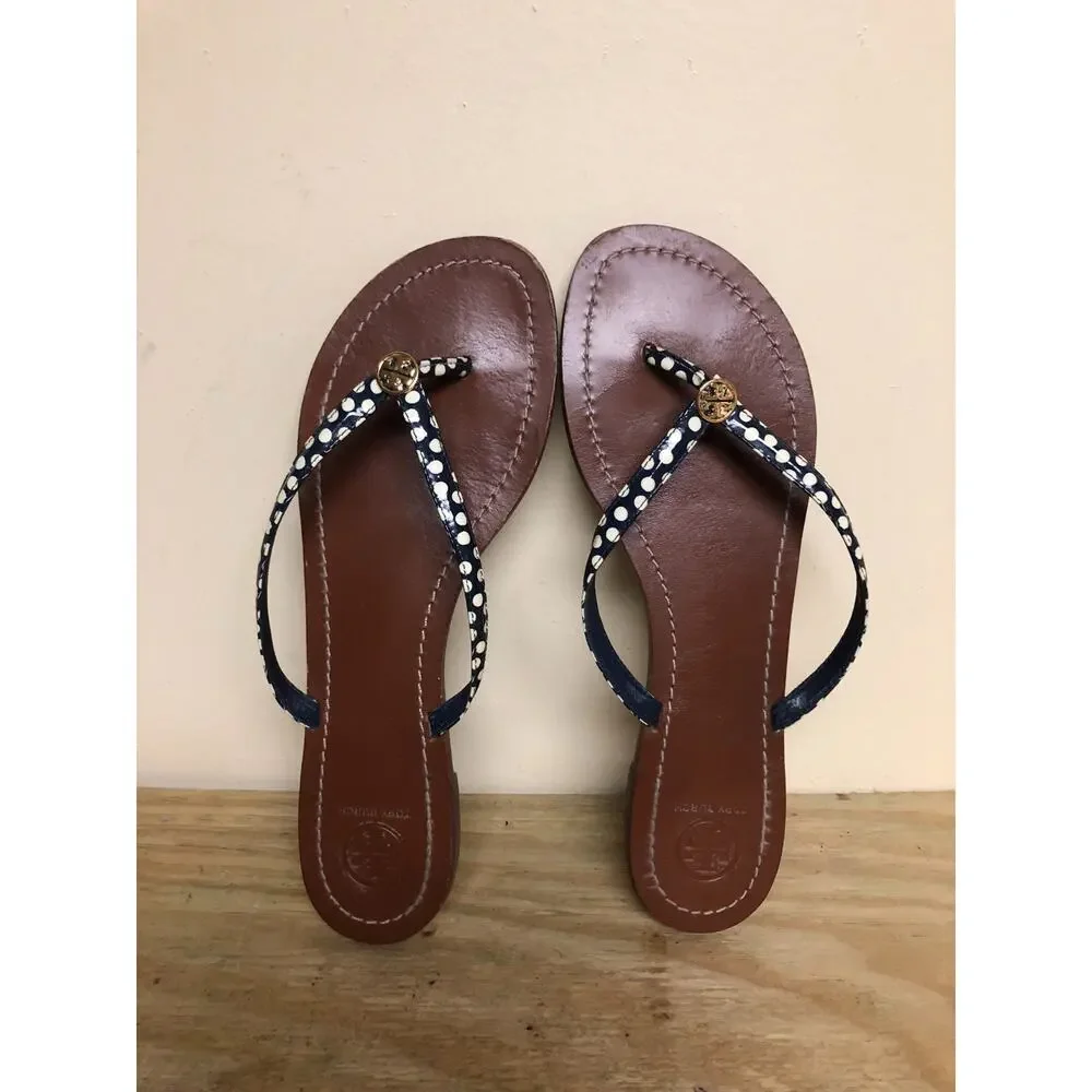 Tory Burch Sandals 10M Navy White Terra Polka Dot Gold Logo Thong Shoes Flats